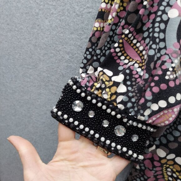 Joyous & Free Womens Printed Top With Beaded Cuffs Size M 90% Cotton 10% Spandex - Picture 3 of 6